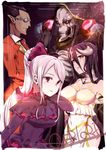  2girls ainz_ooal_gown albedo artist_request black_hair collar demiurge dress glasses gloves gothic_lolita hood horns multiple_boys multiple_girls necktie overlord_(maruyama) pinstripe_suit red_eyes ribbon robe shalltear_bloodfallen skeleton yellow_eyes 