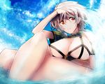  adapted_costume artist_name bare_legs bare_shoulders breasts brown_eyes cleavage cloud_print commentary_request crop_top crossed_legs groin kantai_collection kojima_(blue_stardust) large_breasts looking_away parted_lips revealing_clothes silver_hair sitting smile solo unryuu_(kantai_collection) wavy_hair 