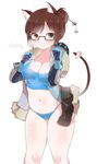  animal_ears bad_id bad_pixiv_id bangs beads belt bikini bikini_bottom black-framed_eyewear blue_bikini blush breasts brown_eyes brown_hair canister cat_ears cat_tail character_name cleavage coat collarbone cowboy_shot dress embarrassed fang fur_coat fur_trim glasses gloves hair_bun hair_ornament hair_stick highres kemonomimi_mode large_breasts looking_at_viewer mei_(overwatch) midriff navel overwatch parka paw_print sabet_(young_ouo) short_hair sidelocks solo swept_bangs swimsuit tail tank_top winter_clothes winter_coat 