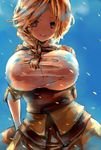  blonde_hair blue_background braid breasts enri_emmot hair_over_shoulder highres large_breasts leirion5 looking_at_viewer overlord_(maruyama) simple_background single_braid smile solo 