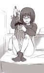  blush condessa cum full_body futanari glasses huge_penis masturbation monochrome penis socks solo urethral_insertion veiny_penis 