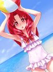  :o akagi_towa armpits arms_up ball balloon beach beachball chocokin day go!_princess_precure long_hair looking_at_viewer ocean one-piece_swimsuit open_mouth precure red_eyes red_hair signature solo swimsuit white_swimsuit 