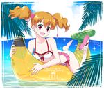  2015 :d artist_name banana_boat barefoot beach bikini blonde_hair breasts cleavage fresh_precure! full_body hair_ornament highres inflatable_toy looking_at_viewer lying medium_breasts momozono_love on_stomach open_mouth precure red_eyes ribbon-trimmed_bikini sandals shiitake_urimo single_sandal smile solo swimsuit twintails water 
