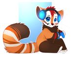  chesta chibi headphones headset looking_at_viewer male mammal red_panda simple_background sitting smile solo striped_tail video_games 