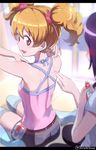 :d artist_name back backless_outfit bare_shoulders blonde_hair blush fresh_precure! from_behind hair_ornament higashi_setsuna letterboxed looking_back momozono_love multiple_girls open_mouth pink_tank_top precure red_eyes shiitake_urimo smile twintails twitter_username 
