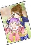  blush brown_eyes brown_hair closed_eyes double_bun double_v glasses grin himu_hifumi long_hair looking_at_viewer manaka_lala minami_mirei multiple_girls ponytail pretty_(series) pripara purple_hair school_uniform short_hair smile v 