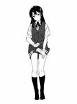  commentary_request full_body gloves greyscale kantai_collection long_hair monochrome neck_ribbon oyashio_(kantai_collection) panties panty_pull pubic_hair ribbon school_uniform skirt skirt_lift socks solo underwear uno_ichi vest 