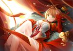  barefoot bed blonde_hair breasts cleavage clouble fate/extra fate/grand_order fate/stay_night fate_(series) flowers green_eyes petals red ribbons rose saber saber_extra sword weapon 