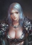  2016 armor bangs blue_eyes breastplate breasts closed_mouth eyelashes jewelry knight large_breasts light_smile looking_to_the_side necklace original pauldrons red_lips signature silver_hair smile solo upper_body wuduo 