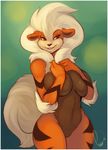  2013 anthro arcanine big_breasts black_nose border breast_fondling breast_squish breasts brown_fur canine covering covering_breasts edit female fluffy fluffy_tail fondling front_view fur green_background green_eyes hair hand_on_breast lintu looking_at_viewer mammal multicolored_fur navel nintendo nude open_mouth orange_fur parent playful pok&eacute;mon pok&eacute;morph pose seductive simple_background smile solo standing stripes teeth two_tone_fur video_games voluptuous white_border white_hair wide_hips 