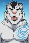  2015 absurd_res aluminemsiren anthro black_fur black_hair blue_eyes bust_portrait digital_media_(artwork) fangs feline front_view fur gradient_background hair hi_res inner_ear_fluff looking_at_viewer male mammal multicolored_fur muscular muscular_male nipples open_mouth pecs pink_nipples pink_nose portrait silver_lightsky simple_background smile solo stripes tattoo tiger two_tone_fur whiskers white_fur white_tiger 