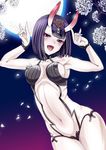  blush branch breasts covered_nipples fangs fate/grand_order fate_(series) fox_shadow_puppet full_moon hair_ornament highres horns kumoi_takashi looking_at_viewer medium_breasts moon navel oni oni_horns open_mouth pale_skin petals purple_eyes purple_hair short_hair shuten_douji_(fate/grand_order) smile solo 