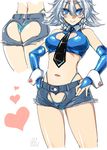  ass ass_cutout blue_eyes blue_gloves blue_panties denim denim_shorts elbow_gloves gloves hands_on_hips heart_cutout highleg highleg_panties highres izayoi_sakuya looking_at_viewer midriff multiple_views necktie panties short_hair shorts silver_hair smile tajima_yuuki thighhighs thong touhou underwear wrist_cuffs 