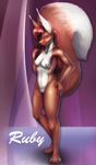  2015 anthro areola breasts brown_eyes brown_fur brown_nose english-text female finir fur hair hand_on_hip long_hair looking_at_viewer mammal navel nipples nude pink_nipples pussy raised_tail red_hair rodent ruby_(ginaiswin) smile solo squirrel white_fur 