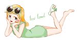  blonde_hair dress feet legs_up leni_loud lying on_stomach single_shoe smile sunglasses the_loud_house 