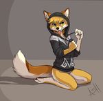  2014 anthro ash_(ashblueflames) ashblueflames bottomless canine clothed clothing ear_piercing female fox fur green_eyes hoodie kneeling mammal piercing solo swift_fox tan_fur tongue tongue_out white_fur 