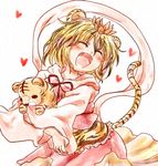  animal_ears blonde_hair fang heart hug open_mouth rokugou_daisuke shawl smile solo stuffed_animal stuffed_tiger stuffed_toy tail tiger_ears tiger_tail toramaru_shou touhou 