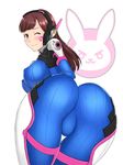  ;) arched_back ass bangs bent_over blush bodysuit boots breasts brown_eyes brown_hair covered_nipples cowboy_shot d.va_(overwatch) eyelashes facepaint facial_mark from_behind gloves headphones high_collar large_breasts leaning_forward legs_together lips lipstick long_hair long_sleeves looking_at_viewer looking_back makeup one_eye_closed overwatch pauldrons pilot_suit pink_lips ribbed_bodysuit shoulder_pads skin_tight skindentation smile solo thigh_boots thigh_gap thigh_strap thighhighs turtleneck whisker_markings white_footwear zetxsuna 
