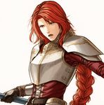  armor braid brown_eyes cross-laced_clothes fire_emblem fire_emblem:_souen_no_kiseki fuji_(d38635s10) gauntlets holding holding_weapon long_hair open_mouth red_hair shoulder_armor single_braid solo tiamat_(fire_emblem) upper_body very_long_hair weapon 