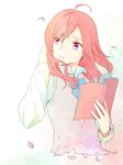  ahoge book bow bowtie cardigan cherry_blossoms hair_over_one_eye hand_in_hair holding holding_book long_sleeves looking_to_the_side love_live! love_live!_school_idol_project marimuu nishikino_maki open_book parted_lips petals purple_eyes red_hair short_hair solo upper_body 