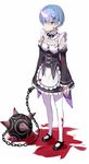  blood blood_on_face bloody_clothes blue_eyes blue_hair chain detached_sleeves frills full_body hair_ornament hair_over_one_eye horn kenkaizar maid mary_janes pantyhose re:zero_kara_hajimeru_isekai_seikatsu rem_(re:zero) shoes short_hair solo spoilers standing weapon white_legwear x_hair_ornament 