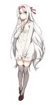  alternate_costume black_legwear breasts commentary_request full_body hairband hand_on_own_chest headband kantai_collection long_hair long_sleeves medium_breasts seki_(l0410706268) shoes shoukaku_(kantai_collection) simple_background solo standing very_long_hair white_background white_hair yellow_eyes 