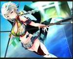  asymmetrical_hair bare_shoulders braid breasts cleavage cloud_print commentary_request crop_top dual_wielding groin highres holding kantai_collection kojima_(blue_stardust) large_breasts letterboxed long_hair looking_at_viewer midriff miniskirt navel onmyouji remodel_(kantai_collection) silver_hair single_braid skirt solo staff thighhighs torii unryuu_(kantai_collection) very_long_hair wavy_hair yellow_eyes 