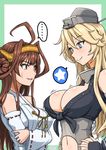  2girls :d ahoge blonde_hair blue_eyes breast_envy breasts brown_eyes brown_hair cleavage commentary_request crossed_arms detached_sleeves double_bun fingerless_gloves gloves hands_on_hips headband headgear highres iowa_(kantai_collection) kantai_collection kongou_(kantai_collection) koutarou_(plusdrive) large_breasts long_hair multiple_girls navel nontraditional_miko open_mouth smile spoken_star star star-shaped_pupils sweat symbol-shaped_pupils 
