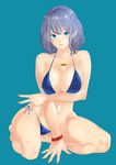  bikini blue_background blue_bikini blue_eyes breasts cleavage full_body grey_hair huge_breasts jewelry kunami_himehiko looking_at_viewer necklace original seiza short_hair simple_background sitting smile solo swimsuit v 