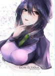  artist_name black_eyes breast_hold breasts capelet character_name commentary_request cunnilingus_gesture fate_(series) green_neckwear hand_on_own_chin hat highres kojima_(blue_stardust) large_breasts looking_at_viewer melty_blood necktie open_mouth purple_hair short_hair sion_eltnam_atlasia solo tsukihime upper_body 