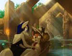  anthro backless_dress blue_hair brown_hair canine clothed clothing cream_fur david_lillie dress duo ear_piercing female fox fur hair hat male mammal necktie outside piercing water waterfall 