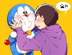  2boys back bad_id bad_pixiv_id bell bell_collar black_eyes blush collar confused crossover doraemon doraemon_(character) hand_on_another's_cheek hand_on_another's_face hood hood_down hoodie jingle_bell looking_at_another male_focus matsuno_ichimatsu motion_lines multiple_boys o2_(o2mm) osomatsu-kun osomatsu-san paw_print robot simple_background speech_bubble trembling yellow_background 