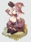  bare_shoulders black_legwear blush breasts cleavage cleavage_cutout clock full_body garter_straps gears green_eyes hat large_breasts long_hair maigoyaki mole mole_under_eye open_mouth original pointy_ears silver_hair sitting smile solo thighhighs wariza witch_hat 
