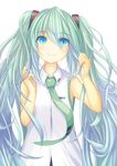  aqua_hair blue_eyes commentary_request hatsune_miku highres long_hair necktie sleeveless smile solo twintails vocaloid wakamaru 