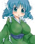  blue_eyes blue_hair breasts drill_hair flying_sweatdrops head_fins japanese_clothes kimono large_breasts mermaid monster_girl muuba obi open_mouth sash solo touhou wakasagihime 