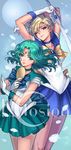  artist_name bishoujo_senshi_sailor_moon blonde_hair blue_background blue_bow blue_choker blue_eyes blue_sailor_collar blue_skirt bow brooch choker cowboy_shot deep_aqua_mirror earrings eclosion green_eyes green_hair green_skirt highres jewelry kaiou_michiru looking_at_viewer magical_girl multiple_girls one_eye_closed outer_senshi petals pleated_skirt sailor_collar sailor_neptune sailor_senshi sailor_senshi_uniform sailor_uranus short_hair skirt space_sword sword ten'ou_haruka tiara very_short_hair weapon yellow_bow 