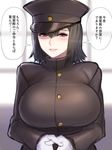  akitsu_maru_(kantai_collection) bangs black_hat breasts brown_eyes brown_hair commentary_request gloves hair_between_eyes hands_together hat kantai_collection large_breasts looking_at_viewer military military_hat military_uniform peaked_cap remodel_(kantai_collection) shadow short_hair smile solo translated uniform white_gloves window yapo_(croquis_side) 