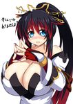  black_hair blue_eyes blush breasts cleavage detached_sleeves fingerless_gloves gloves hair_ornament highres large_breasts long_hair looking_at_viewer multicolored_hair nanbu_kaguya ponytail red_hair rei_shabu solo super_robot_wars super_robot_wars_og_saga_mugen_no_frontier two-tone_hair 