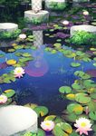  checkered flower japanese_clothes kimono lily_pad oriental_umbrella original pink_hair plant pond reflection scenery solo toichi_(ik07) umbrella water yukata zouri 