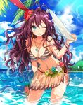  ;) akishima_kei animal_ears bad_id bad_pixiv_id beach bikini blue_eyes blush bracelet breasts brown_hair bunny_ears cleavage cloud day earrings flower grin hair_flower hair_ornament heart heart_necklace hibiscus ichinose_shiki idolmaster idolmaster_cinderella_girls jewelry large_breasts lens_flare long_hair looking_at_viewer navel necklace one_eye_closed outdoors pendant sarong sky smile solo striped striped_bikini swimsuit wading water wet 