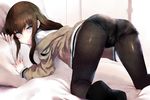  all_fours ass black_legwear blue_eyes brown_hair eyebrows_visible_through_hair from_behind hews_hack jacket legwear_under_shorts long_hair looking_at_viewer looking_back makise_kurisu off_shoulder on_bed pantyhose pantyhose_under_shorts parted_lips pillow pillow_grab short_shorts shorts solo steins;gate top-down_bottom-up 
