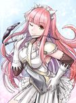  armpits bad_id bad_pixiv_id bangs blunt_bangs elbow_gloves fate/grand_order fate_(series) gloves hand_on_hip highres holding holding_whip long_hair looking_at_viewer medb_(fate)_(all) medb_(fate/grand_order) one_eye_closed pink_hair shimo_(s_kaminaka) shoulder_armor smile solo spaulders tiara whip white_background white_gloves yellow_eyes 