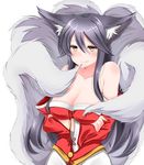  ahri animal_ears bare_shoulders black_hair blush breasts cleavage crossed_arms detached_sleeves fox_ears fox_tail korean_clothes large_breasts league_of_legends long_hair looking_at_viewer mintmia11 multiple_tails simple_background smile solo tail whisker_markings white_background yellow_eyes 