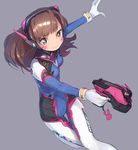  animal_print bangs bodysuit breasts brown_eyes brown_hair bunny bunny_print clothes_writing d.va_(overwatch) emblem facial_mark gloves gun handgun headphones holding holding_gun holding_weapon logo long_hair looking_at_viewer outstretched_arm overwatch purple_background shindou_kamichi simple_background small_breasts solo thigh_gap weapon whisker_markings white_gloves 