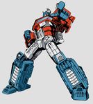  autobot blue_eyes clenched_hand full_body kamizono_(spookyhouse) machinery mecha no_humans optimus_prime pointing pointing_at_viewer simple_background solo transformers white_background 