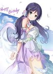  angel_wings bow dated detached_sleeves dress feathered_wings feathers flower from_side green_eyes hair_flower hair_ornament hair_ribbon happy_birthday highres karumayu long_hair looking_at_viewer love_live! love_live!_school_idol_project low_twintails puffy_short_sleeves puffy_sleeves purple_bow purple_hair purple_ribbon ribbon short_sleeves smile solo toujou_nozomi twintails white_wings wings x_hair_ornament 