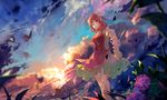  baisi_shaonian bandaged_arm bandages bun_cover cloud double_bun flower highres hydrangea ibaraki_kasen looking_at_viewer mouth_hold puffy_short_sleeves puffy_sleeves red_eyes red_hair ribbon ribbon_in_mouth shirt short_sleeves skirt sky solo sunset tabard touhou 