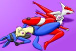  2016 amber_eyes anthro anthrofied blue_fur blush breast_grab breasts chameloshi cream_fur duo eyes_closed female female/female fur hand_on_breast hi_res latias legendary_pok&eacute;mon lucario nintendo nipples pok&eacute;mon pok&eacute;morph pussy pussy_juice sex tribadism video_games 