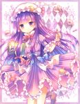  adapted_costume argyle argyle_background book bottle bow bowtie crescent dress frame hair_ribbon hat juliet_sleeves lipstick long_hair long_sleeves makeup mob_cap patchouli_knowledge perfume_bottle pjrmhm_coa puffy_sleeves purple_eyes purple_hair ribbon sash solo striped striped_dress touhou tress_ribbon very_long_hair 