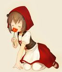  bangs brown_hair closed_eyes cosplay dress flower hood kantai_collection keemu_(occhoko-cho) kneeling little_red_riding_hood little_red_riding_hood_(grimm) little_red_riding_hood_(grimm)_(cosplay) pantyhose papaver_(flower) shoes short_hair smelling smelling_flower solo traditional_clothes traditional_dress yukikaze_(kantai_collection) 